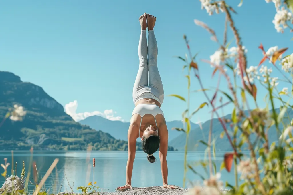 Женщина делает стойку на голове для йоги на берегу озера.