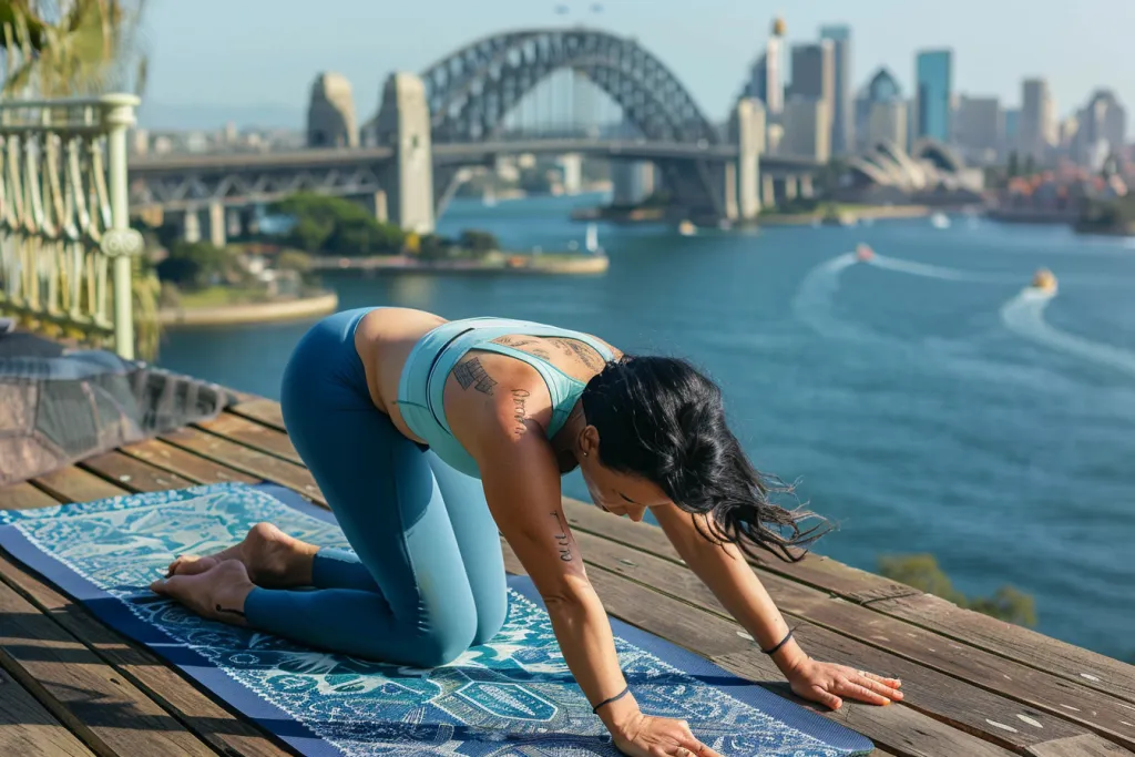 A woman is doing yoga on the side of an outdoor wooden platform overlooking Sydney's harbour