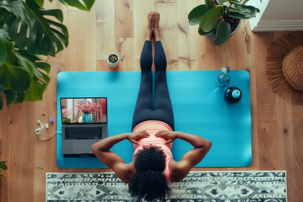 Une femme est allongée sur son tapis de yoga et regarde une vidéo d’entraînement en ligne