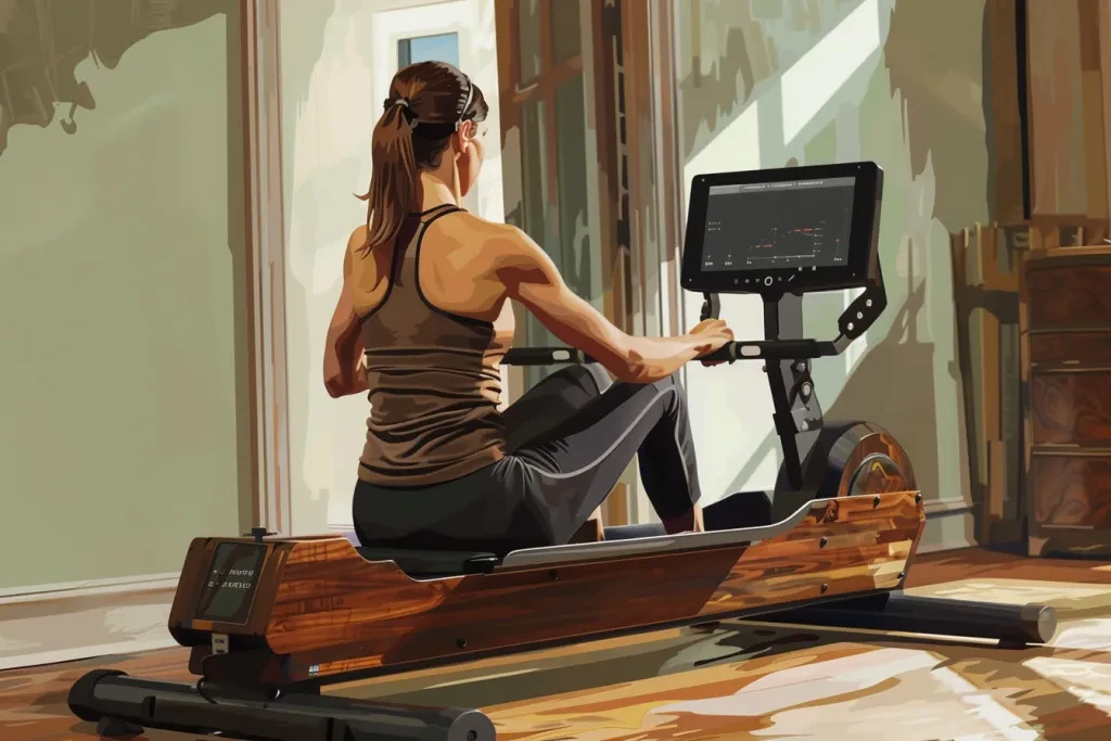 A woman is sitting on a rowing machine