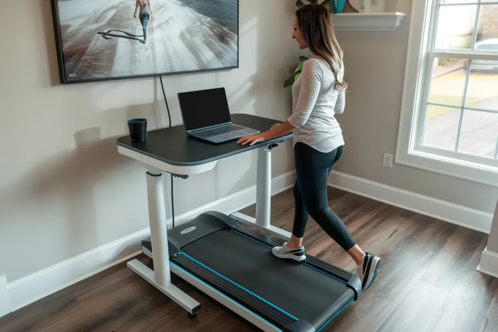 A woman is using a desk with an electric treadmill