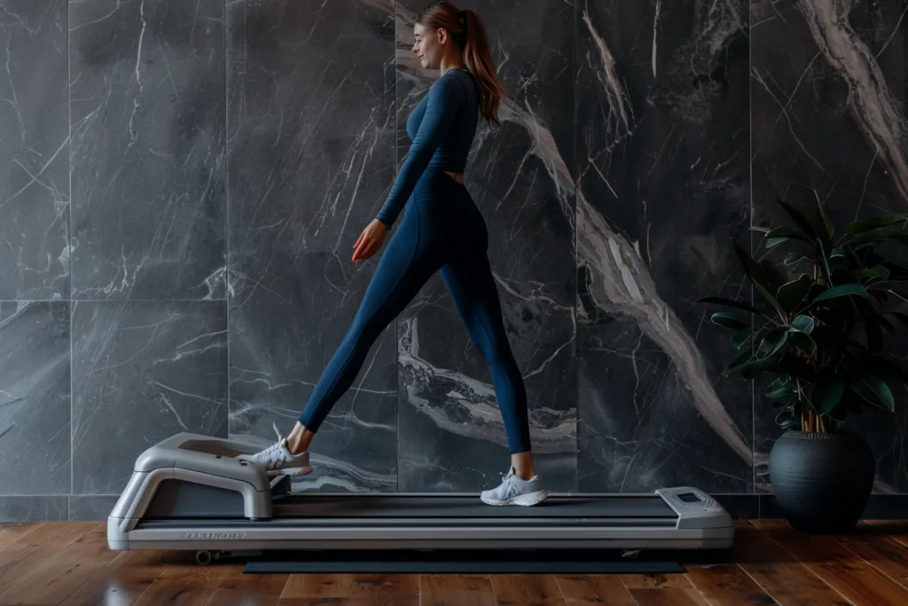 Seorang wanita menggunakan treadmill rendah berbentuk persegi panjang berwarna perak dengan kain abu-abu menutupinya