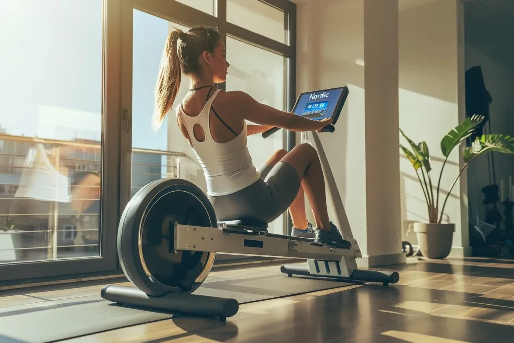 Seorang wanita menggunakan mesin dayung di gym rumahnya