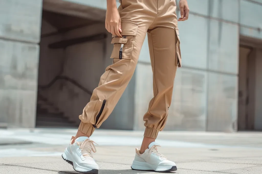 A woman wearing tan-colored cargo pants with pockets