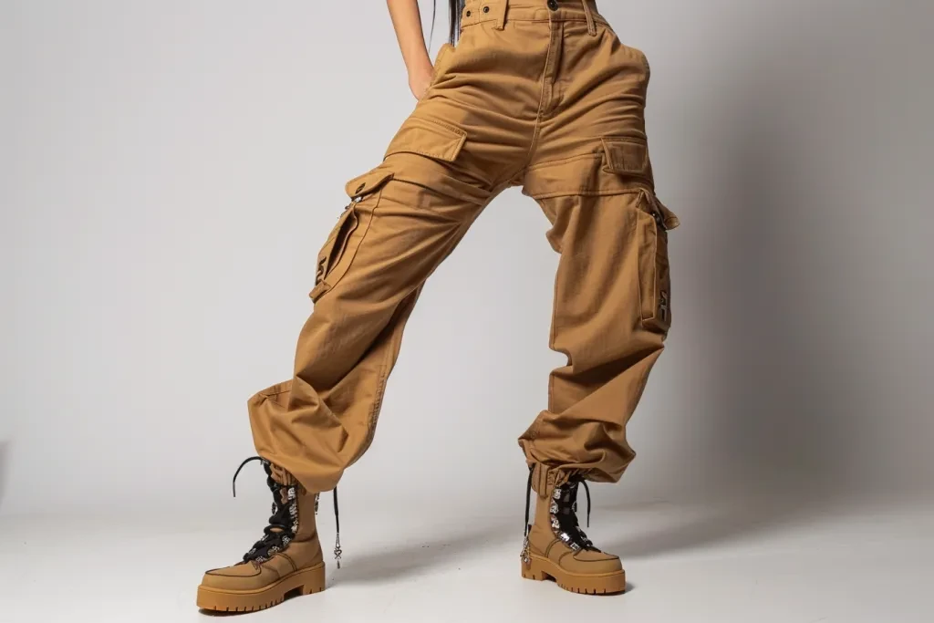 A woman wearing tan-colored cargo pants