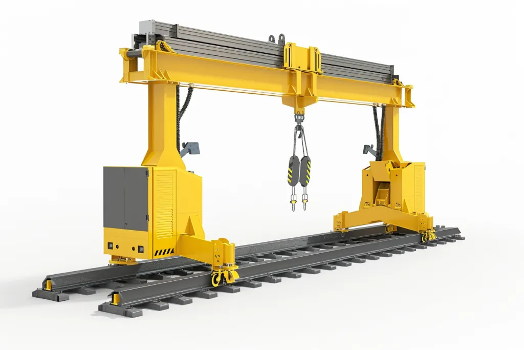 A yellow machine with an arm attached to it that can lift something up against two tracks