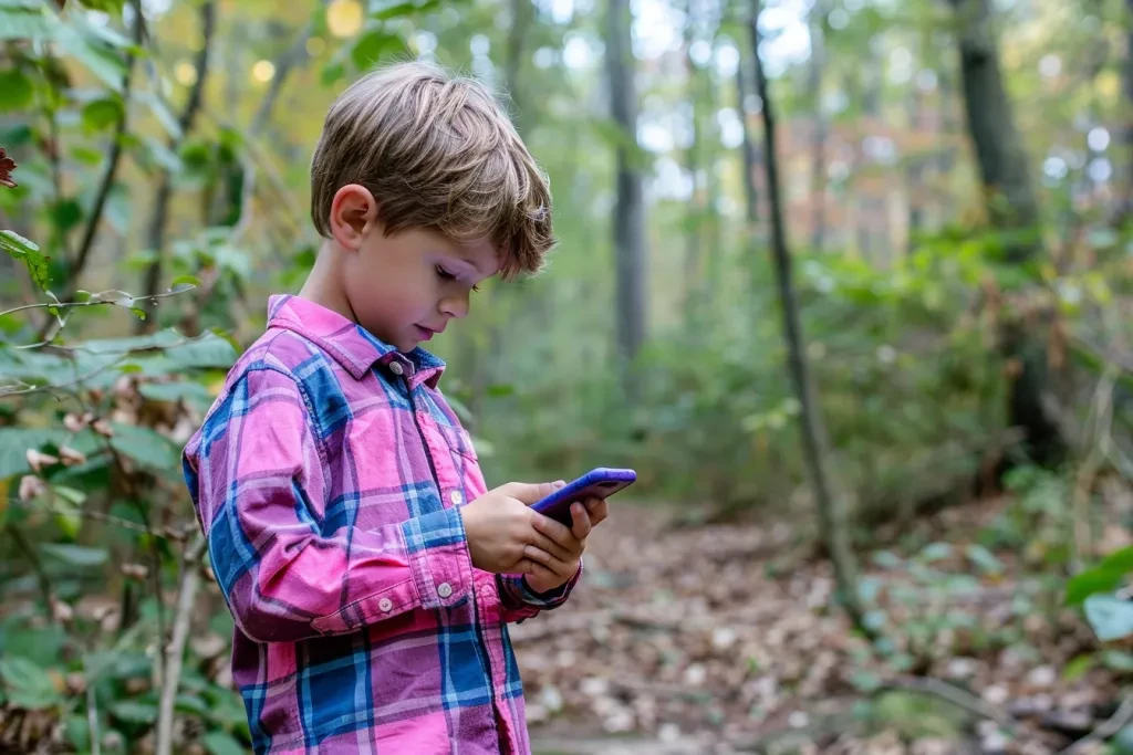 A young boy in the woods using an outdoor escape room phone