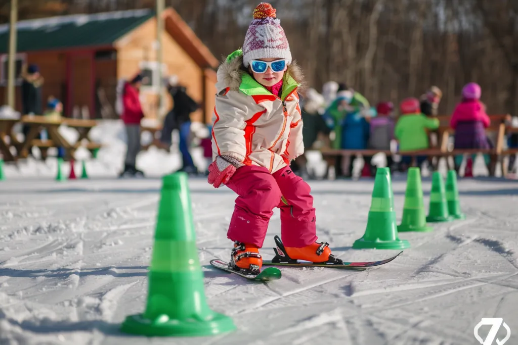Seorang gadis muda dengan perlengkapan ski berwarna-warni, mengenakan kacamata hitam putih dan celana merah