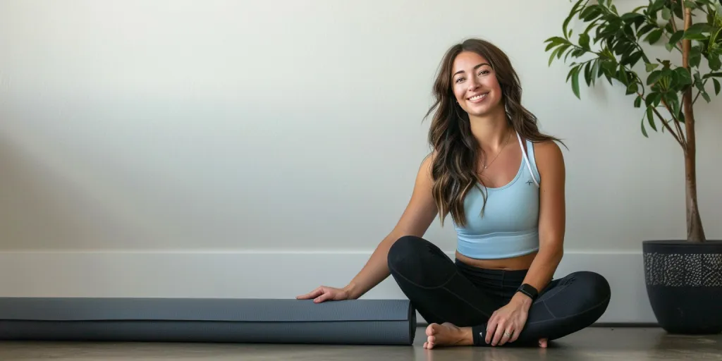 Uma jovem em traje de ioga está sentada no chão