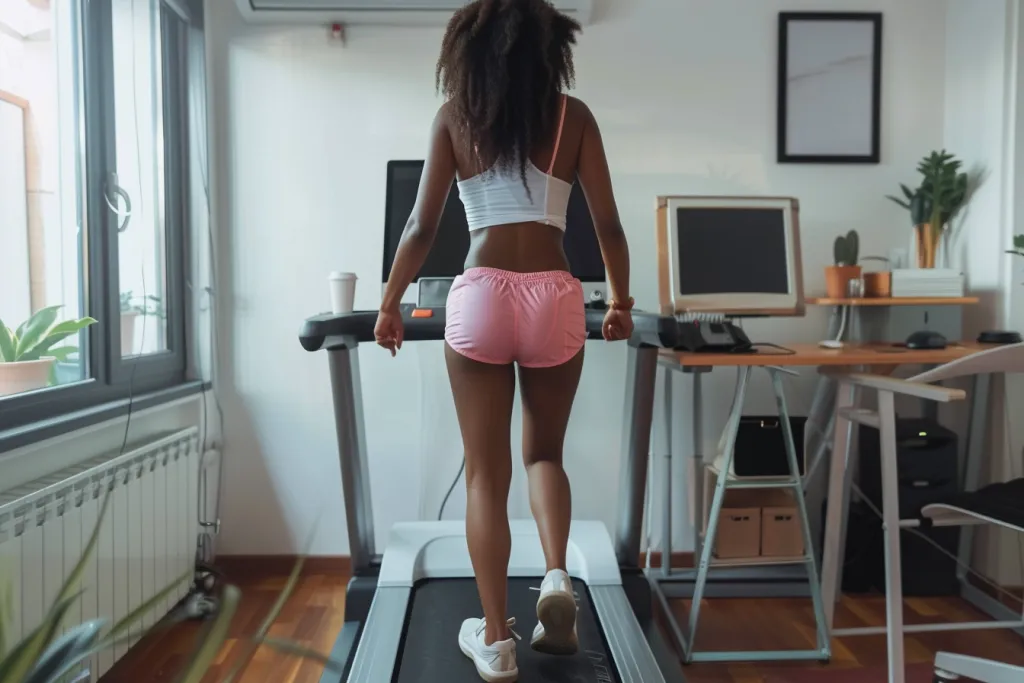 American woman walking on a treadmill