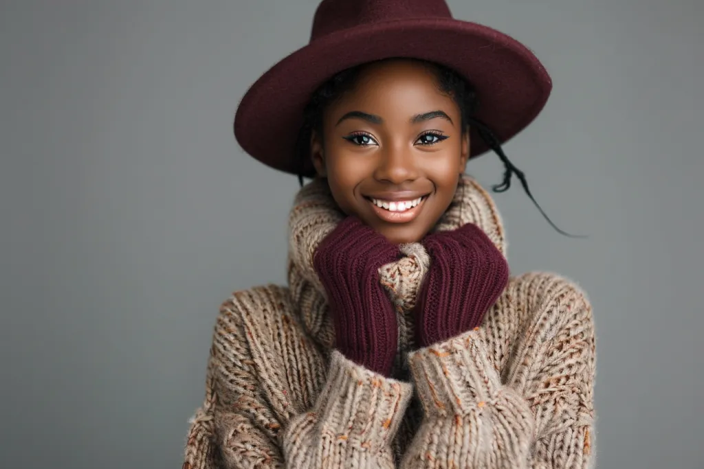 Retrato de una mujer sonriente con un suéter de punto, una joven modelo afroamericana posando con un suéter de otoño con un sombrero granate y guantes sobre un fondo gris, fotografía comercial al estilo de la luz de estudio