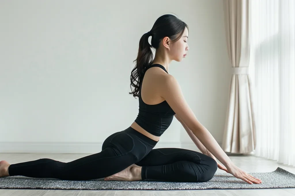 Siyah yoga kıyafetleri giymiş Asyalı bir kadın Plank Pose'u yapıyor