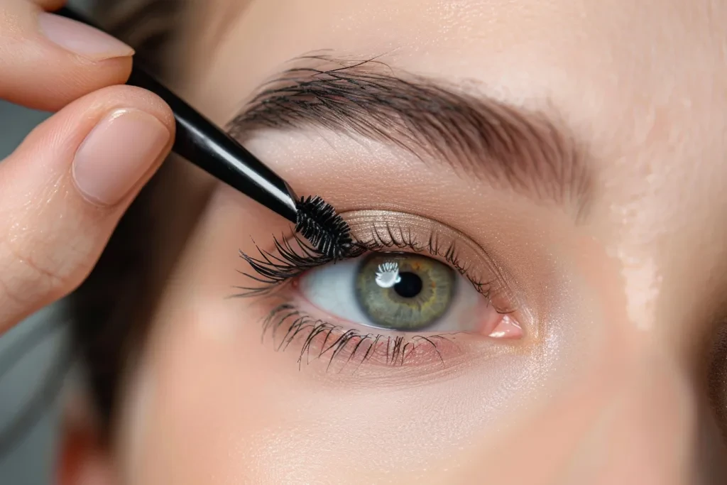 An eye makeup product photo featuring the model applying mascara