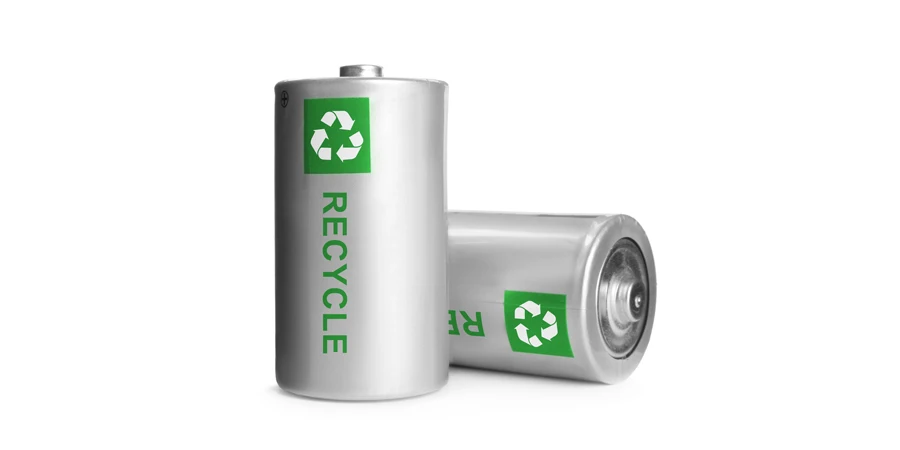 Baterías con símbolos de reciclaje sobre fondo blanco.