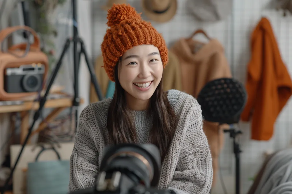Hermosa mujer asiática, blogger, vlogger mostrando ropa de lana tejida con estilo, video en vivo, redes sociales, grabándola, vendiendo en línea a través de cámara digital, PYME o concepto de comercio electrónico de pequeñas empresas