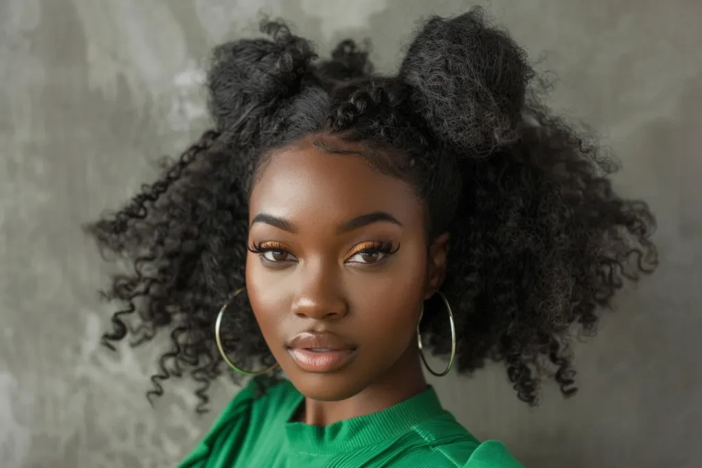 Beautiful black woman with long afro curly hair styled