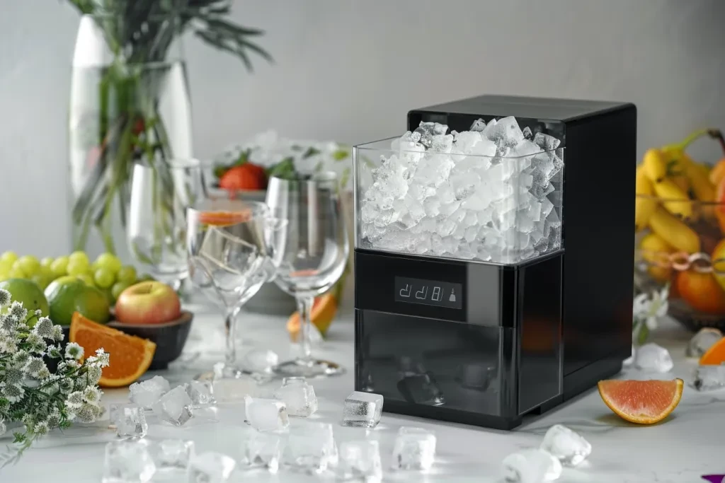 Black and silver ice maker with LED display