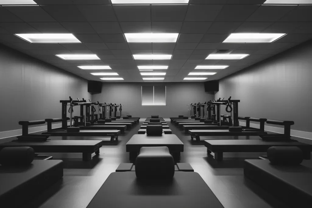 Black and white photo of an empty studio with many pilates matrix machines arranged in the center