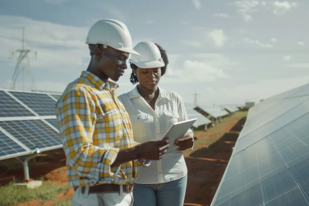 Чернокожие инженеры мужского и женского пола работают над установкой солнечных панелей, зеленой энергией с планшетным компьютером в руках на открытом воздухе под голубым небом