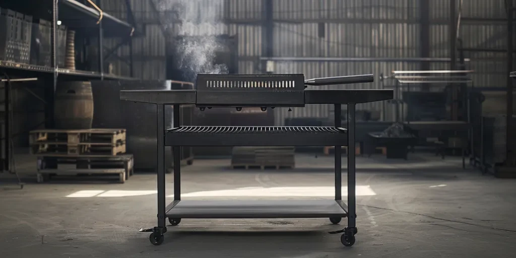 Black metal barbeque grill table with steel frame