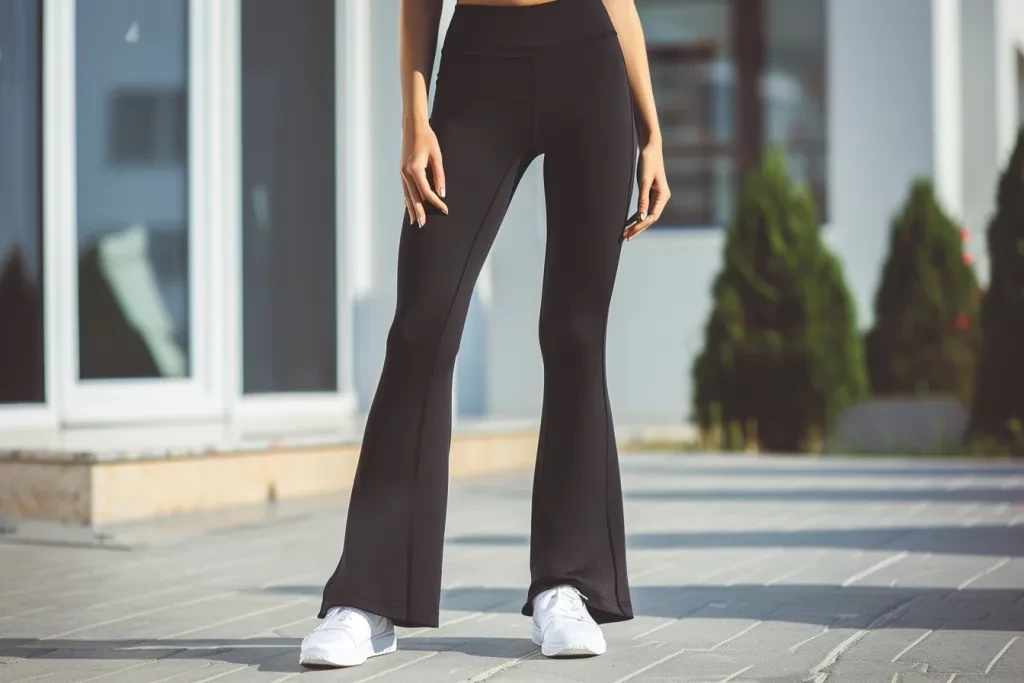 Black yoga pants in the style of flared leg