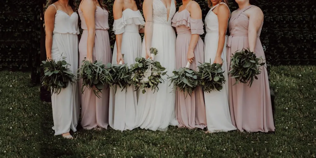 Bridal party in white and pink dresses