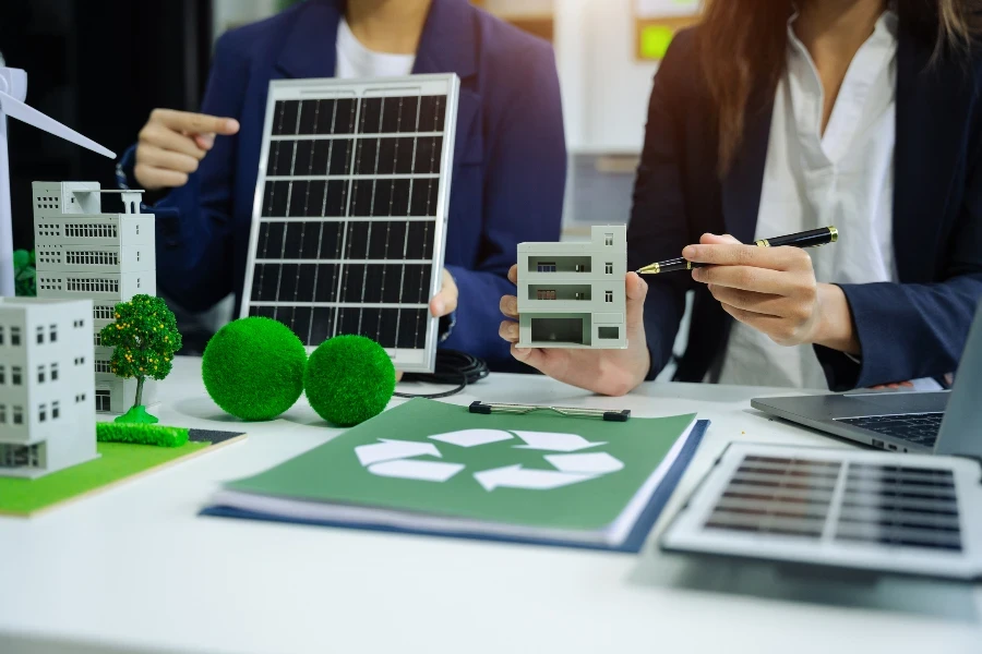 Businessman working virtual modern computer to reduce CO2 emissions carbon footprint climate change to limit global warming