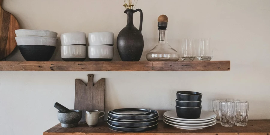 Ceramic Bowls on Brown Wooden Shelves