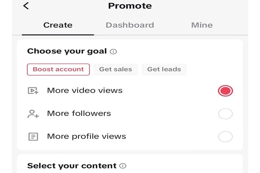 Choose from three 'boost your account' options under the 'Promote' feature