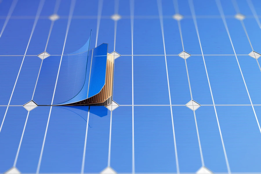 Primer plano de las células de paneles solares flexibles