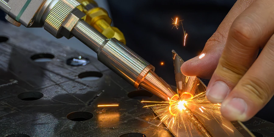 Primo piano della scena del processo di saldatura laser con la macchina per saldatura laser portatile