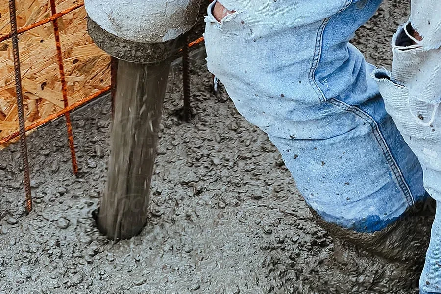 Construction Worker Holding Pipe Of Pump Machine While Concreting Ceil