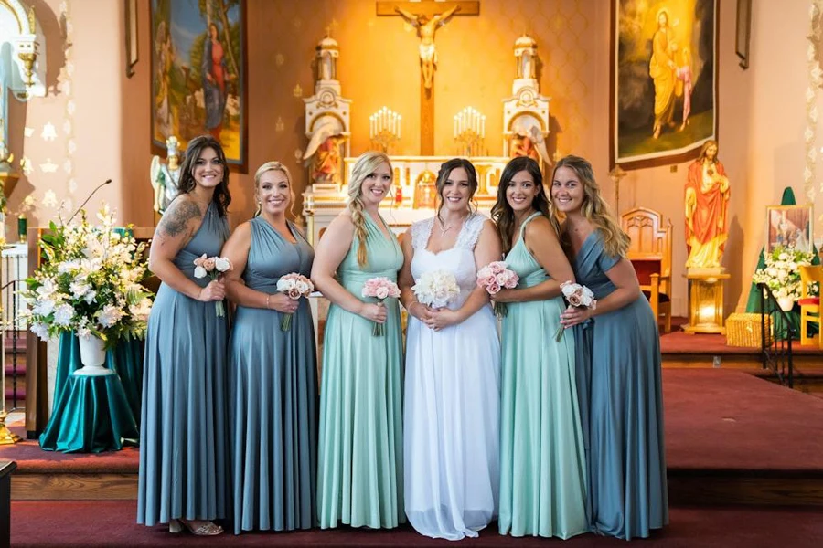 Convertible bridesmaid gowns in shades of blue
