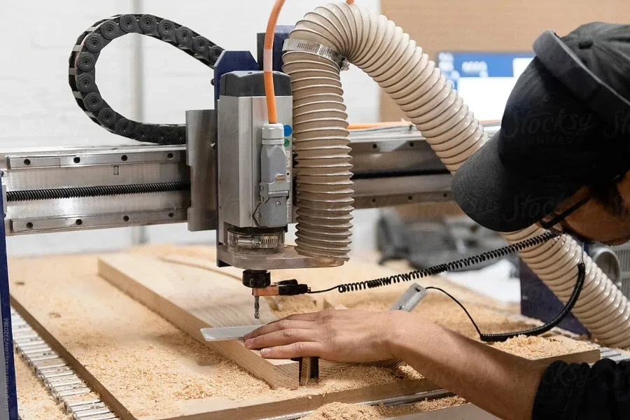 Handwerker schneidet Holz mit einer CNC-Holzfräse