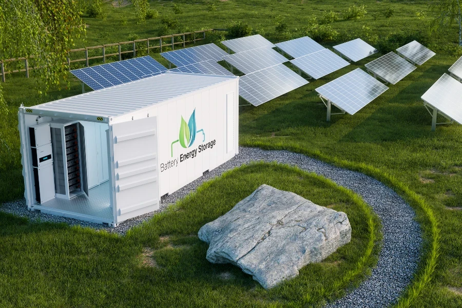 Detailansicht des Batterie-Energiespeichers in einem offenen Industriecontainer auf einer üppigen Wiese mit einem Photovoltaik-Kraftwerk im Hintergrund.