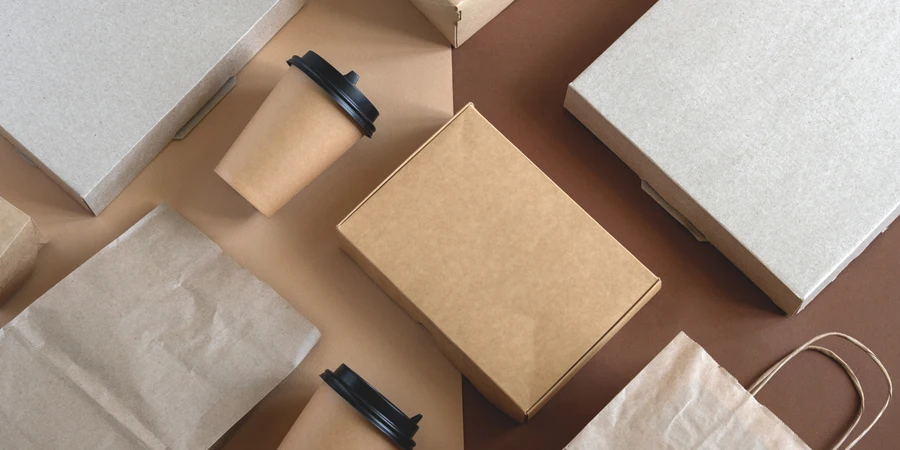 Disposable blank delivery food packaging on a beige and brown background