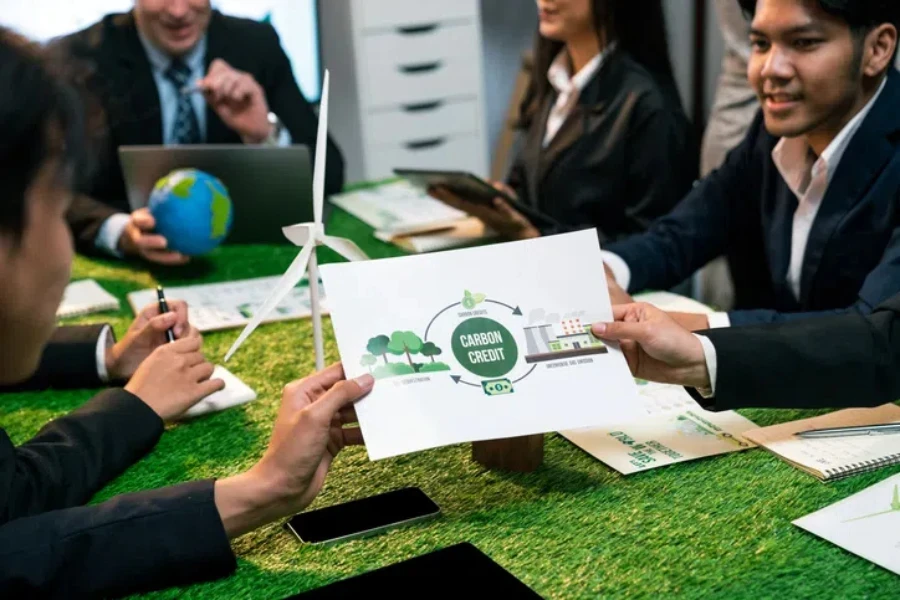 Grupo diversificado de empresários que planejam a utilização de energia alternativa para uma Terra mais verde e sustentável, reduzindo as emissões de CO2 e créditos de carbono com tecnologia de energia limpa renovável