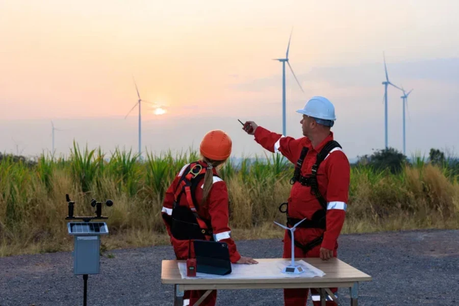 Equipo de ingenieros de pie mirando hacia abajo el plano sobre la mesa para reunirse con el proyecto de planificación instalar turbinas eólicas en el área de plantaciones agrícolas de caña de azúcar