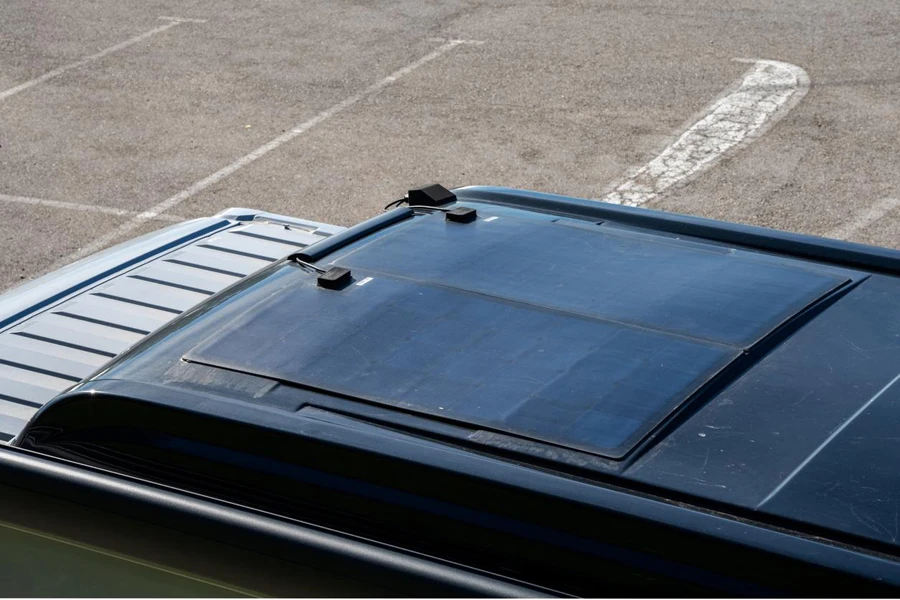 Flexible solar panel on the roof of a camper van