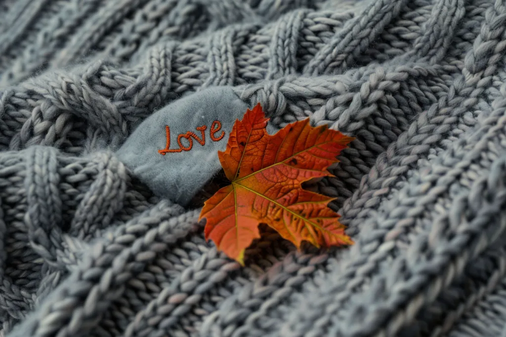 秋の葉が描かれたグレーのセーター、Love の文字を入れるスペース