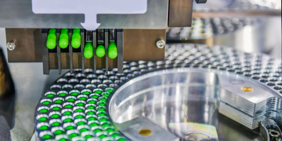 Groene capsule medicijn pil productielijn, Industrieel farmaceutisch concept