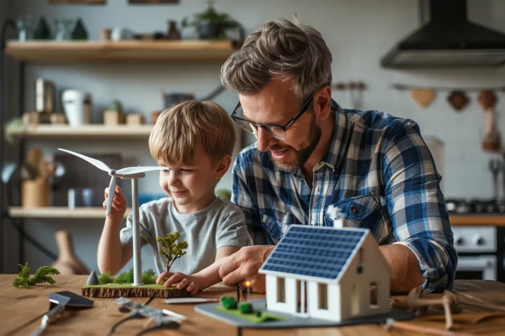 Hübscher Vater mittleren Alters mit süßem kleinen Jungen, der zu Hause auf einem Tisch ein kleines Hausmodell mit Sonnenkollektoren und einer Windturbine baut