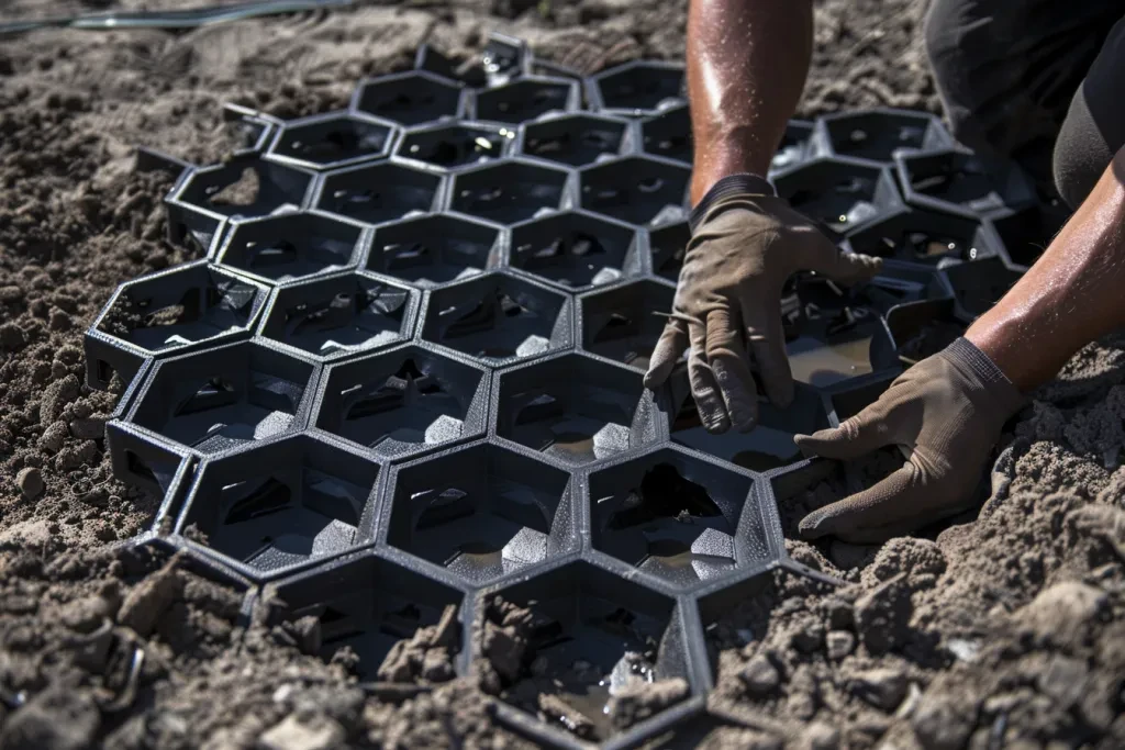 Struttura a griglia a nido d'ape in plastica nera utilizzata per la raccolta dell'acqua piovana