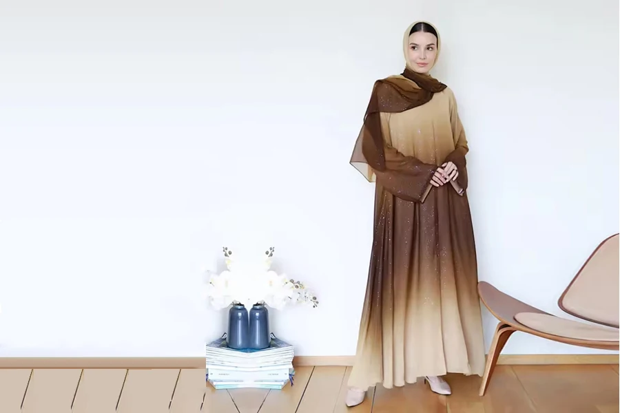 Sıcak Satış Dubai Müslüman 3 Parça Set Ombre Yeşil Abaya Kimono Degrade Glitter Şifon Ön Açık Abaya Elbise İç Elbise