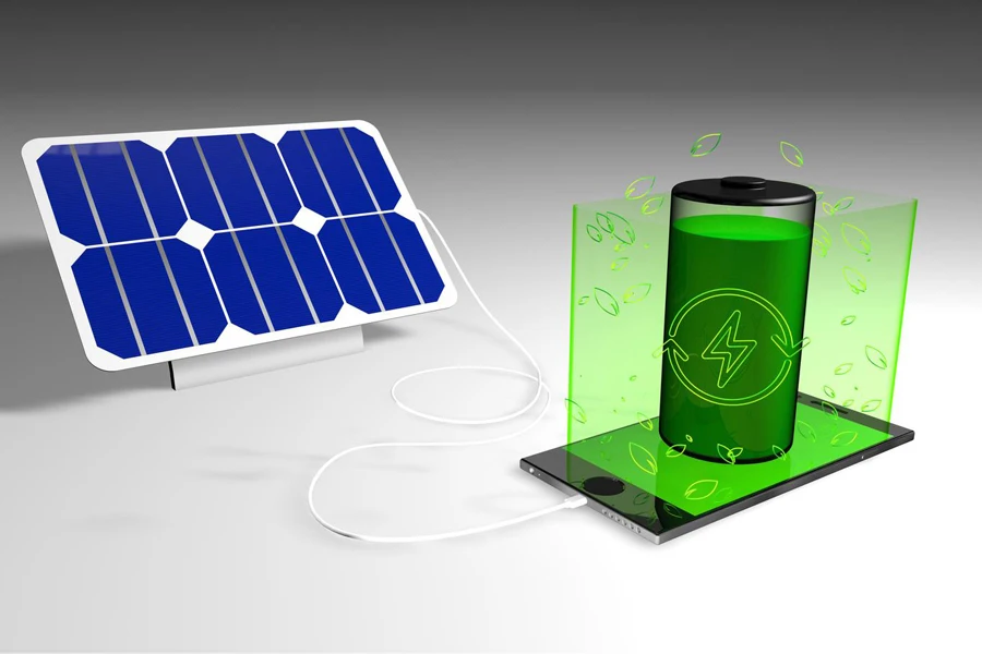 Ilustración que muestra un panel solar cargando un dispositivo electrónico