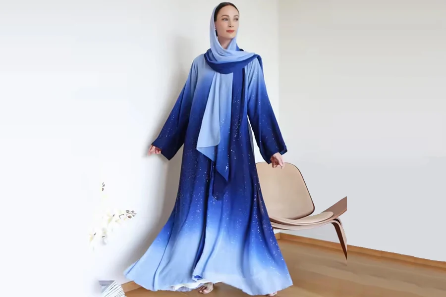 Islamic Clothing Gradient 3 Pieces Abaya Manufacturer Stock Shiny Glitter Open Abaya Set for Muslim Women