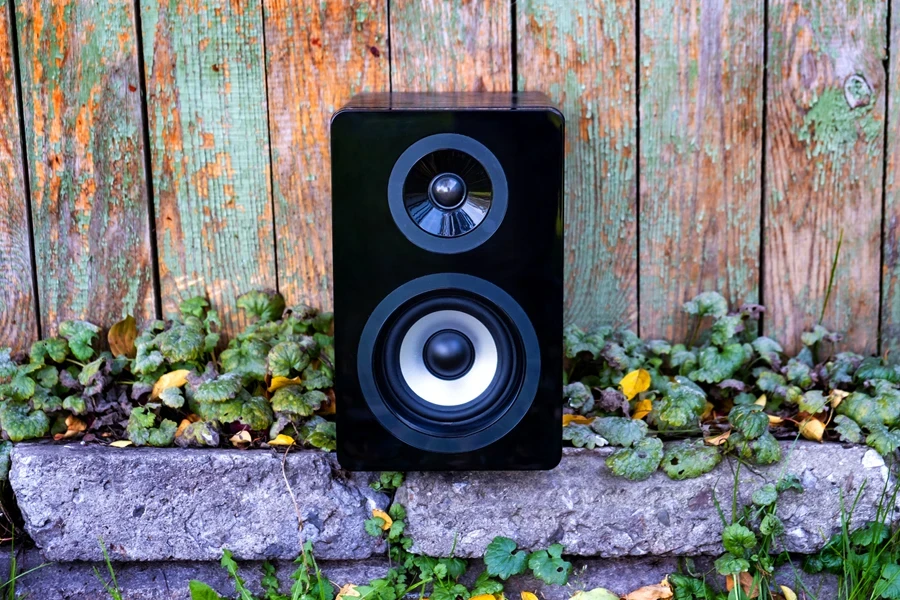 Loudspeaker Box on the Weathered Wooden Planks Background