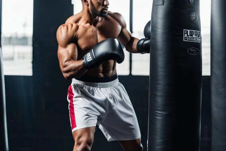 Hombre entrenando con un saco de boxeo con guantes de bolsa