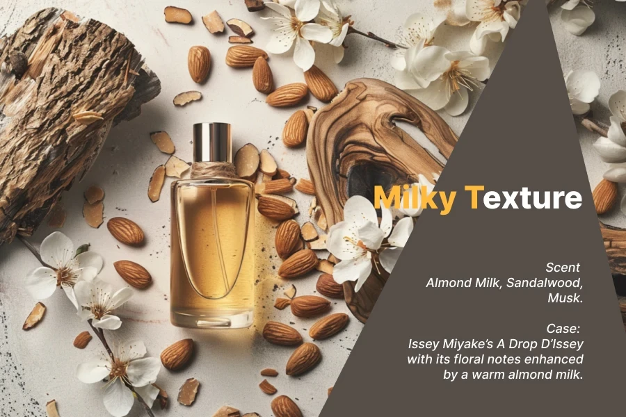 Parfum tekstur susu susu almond, kayu cendana, musk