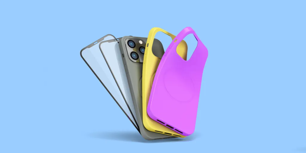 Multicolored band phone cases and screen protection glass presentation for showcase